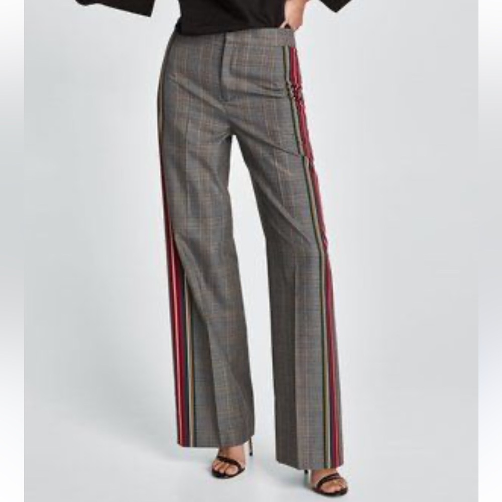 Zara Woman Gray Plaid Wide Leg Trousers with Red Stripe, XS